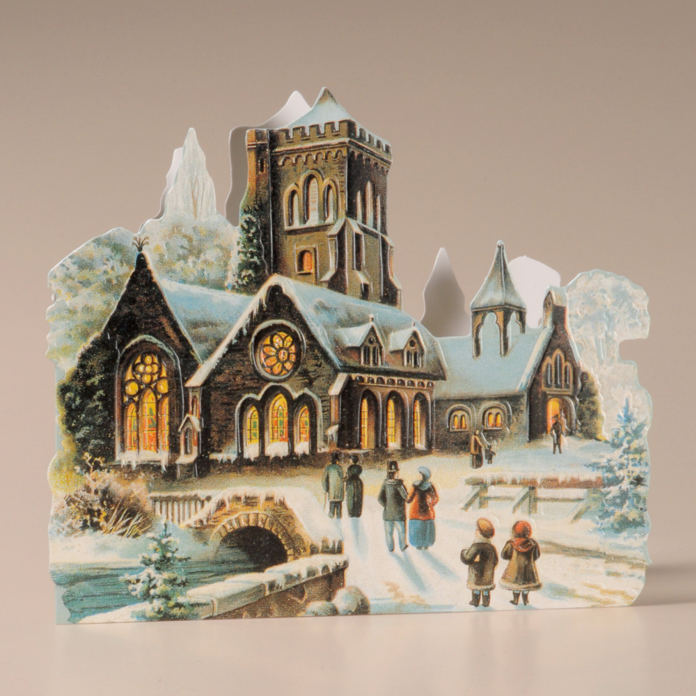 Details about   Hold-To-Light Postcard Merry Christmas Snowy Church and Town Scene~127634 